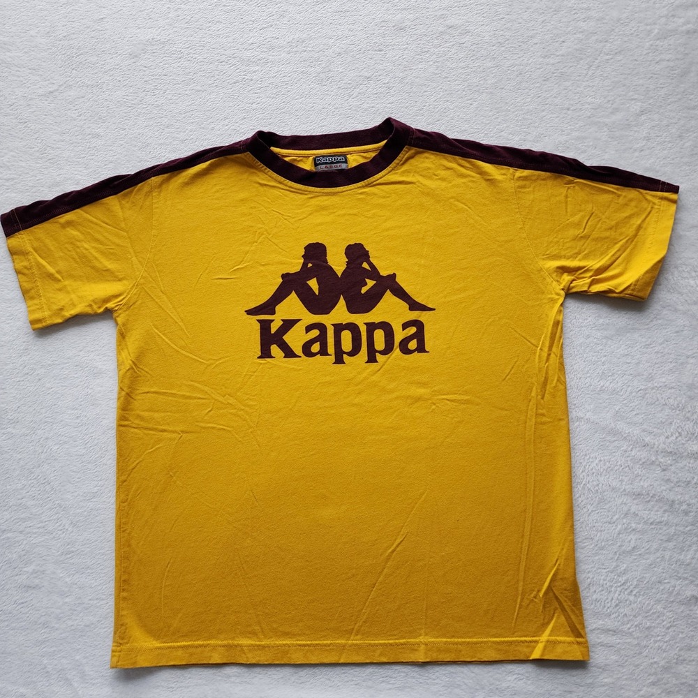 Kappa T Shirt Mens Large Yellow Omini Logo Tape Sleeve Ringer Tee Bloke Retro